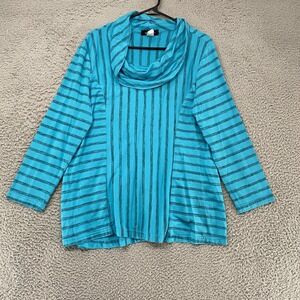 Yushi Stripe Tunic Top Womens Medium Blue‎ Cowl Neck Long Sleeve Jersey Relaxed